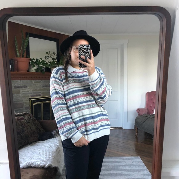 VINTAGE ALFRED DUNNER | Women's 2X Blue Pink Nordic Cottagecore Collared Sweater - Picture 5 of 7